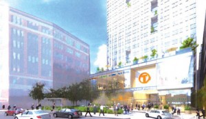 An artist’s rendering of the Back Bay/South End Gateway project as seen from Clarendon Street.